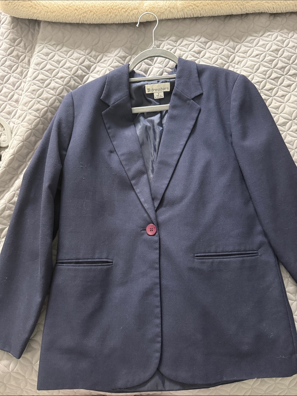 dressbarn Navy Single-Button Blazer with Pink Button